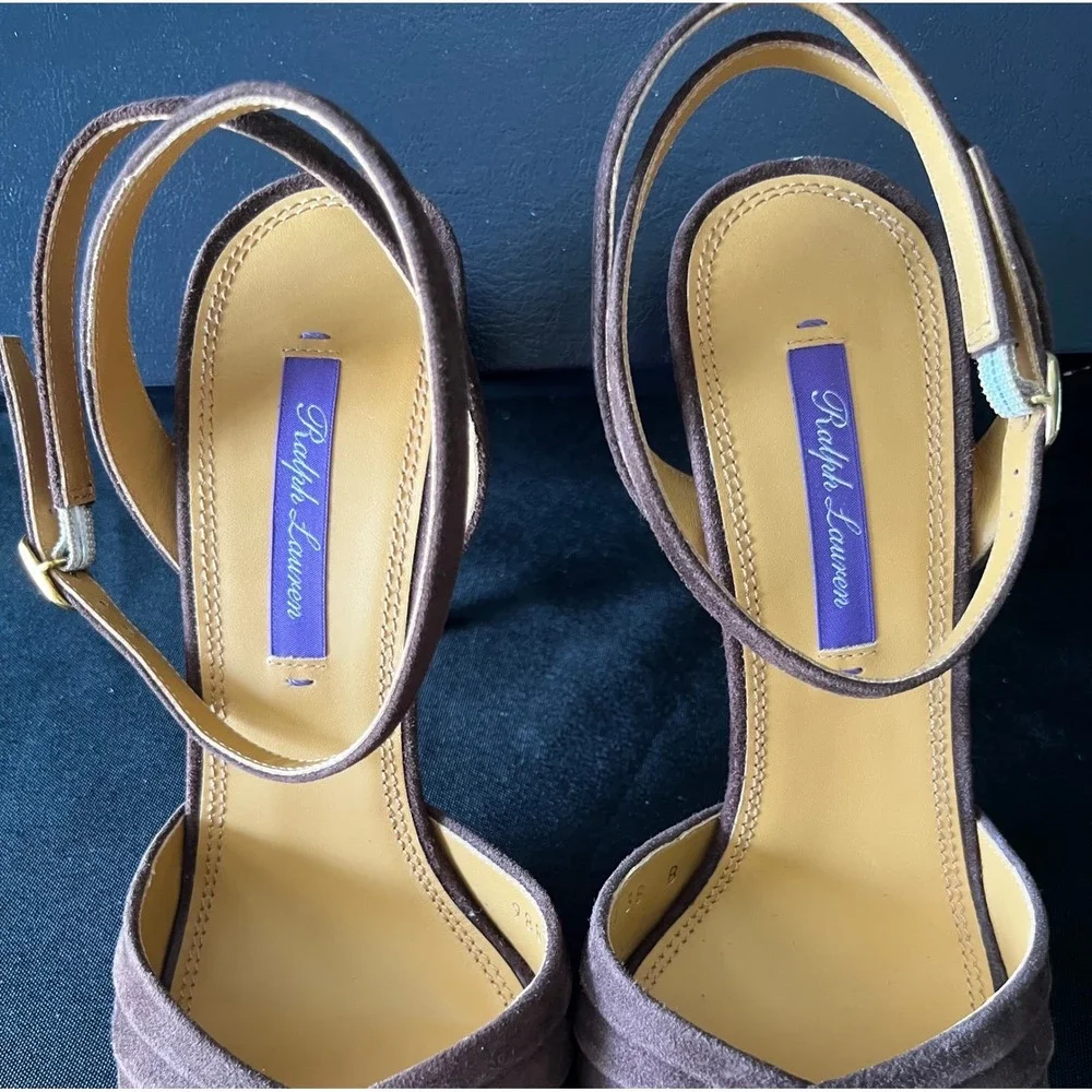 Ralph Lauren Purple Label Brown Suede Criss Cross Ankle‎ Strap Heels Size 38B